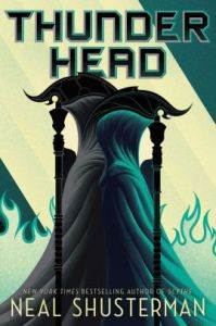 Book cover for THUNDERHEAD: two peple in flwoing robes stand back to back holding stylised scythes