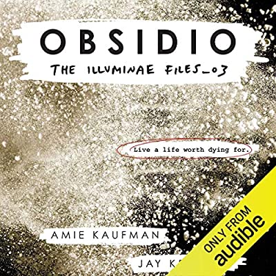 Book cover for OBSIDIO: title on white paint line against a sparkly background