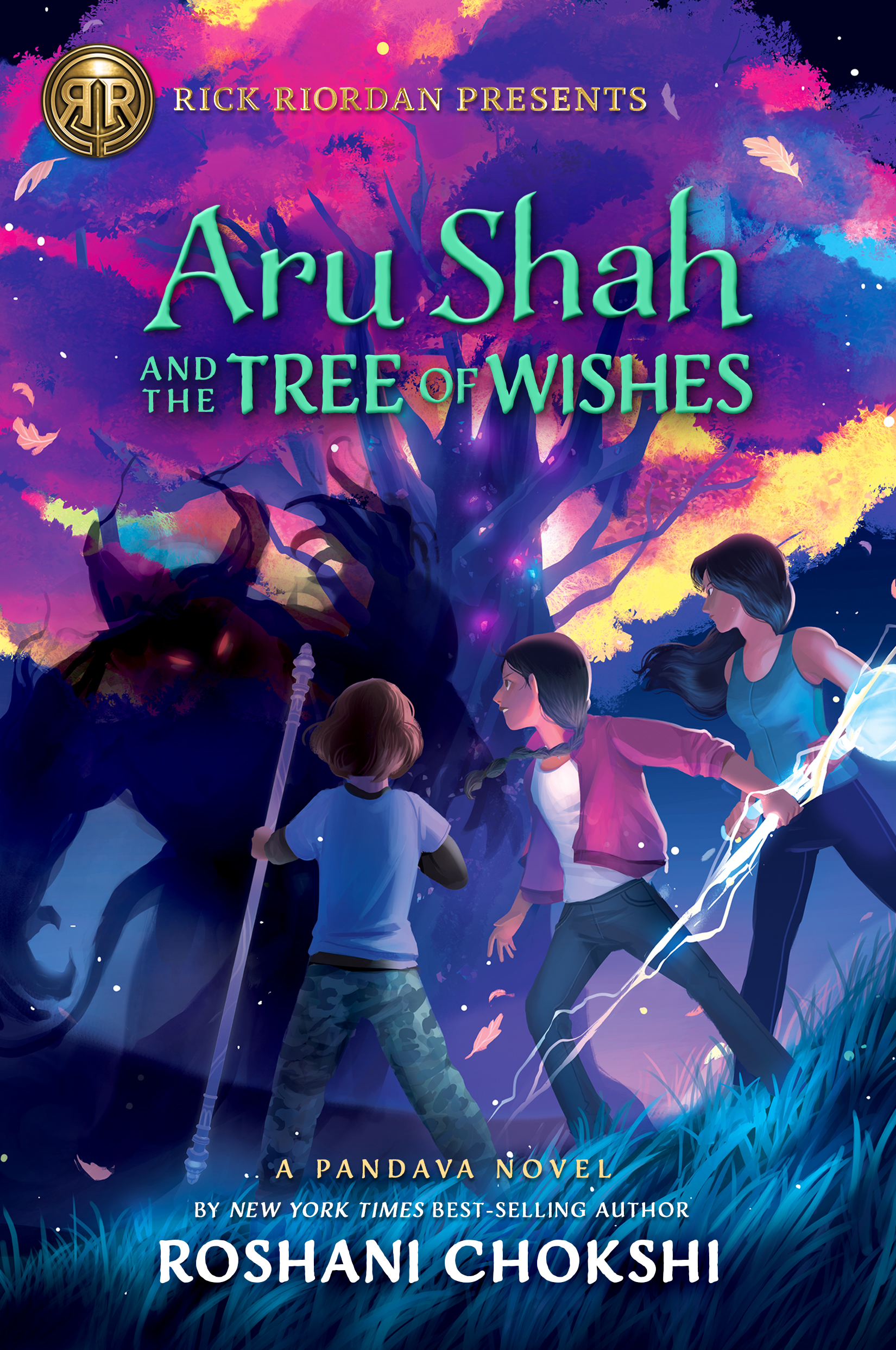Book cover for ARU SHAH AND THE TREE OF WISHES: title in turquoise above three kids facing down a shadowy monster with red eyes under a tree