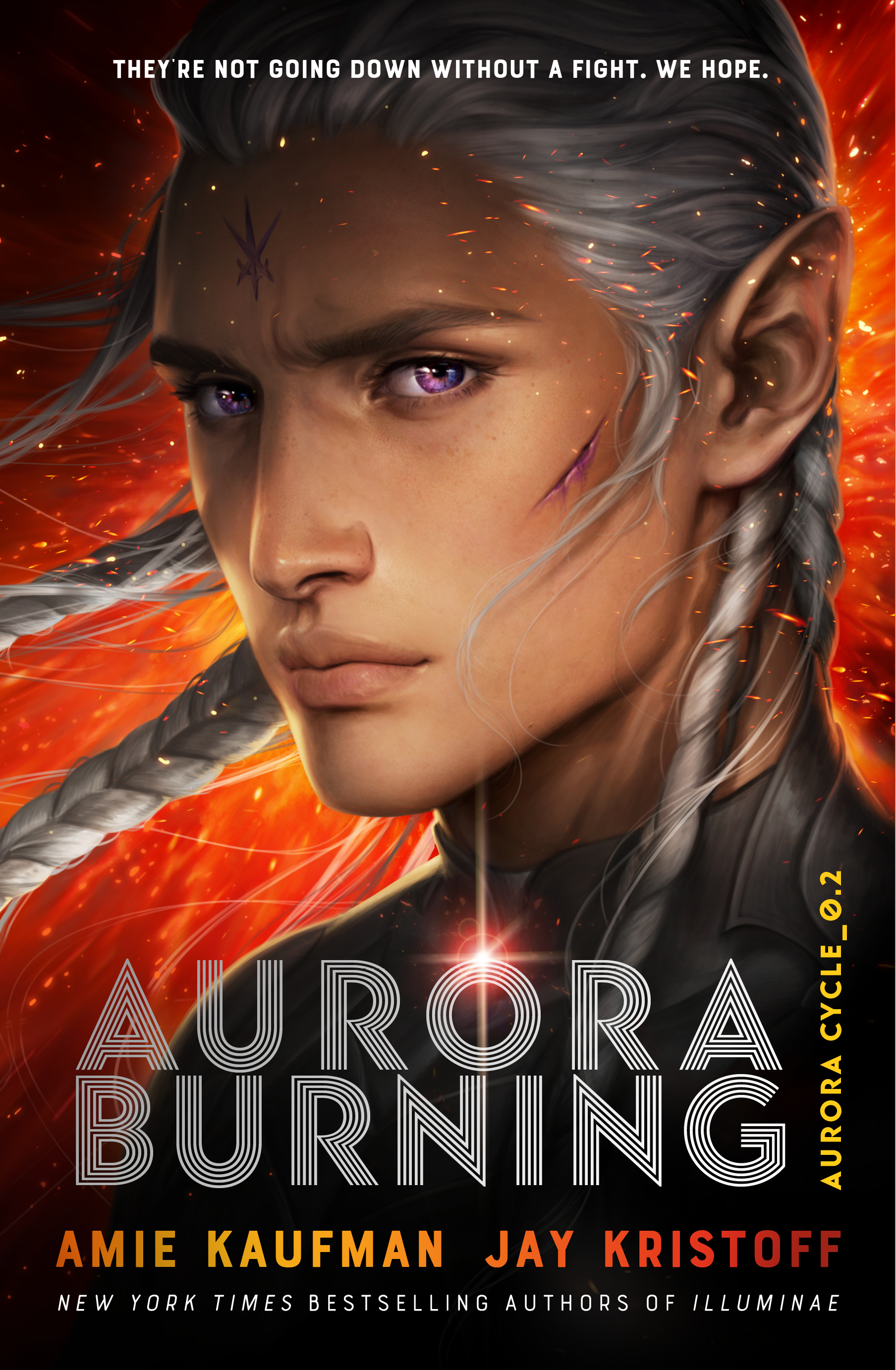 Book cover for AURORA BURNING: Guy with violet eyes stares out of the page, his white braided hair blwoing around his face against a fiery orange background above the title
