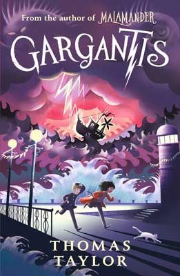 Book cover for GARGANTIS: two children run from a storm tossed sea along a pier in this purple cover