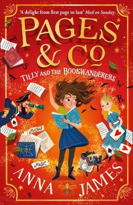 Book cover for TILLY AND THE BOOKWANDERERS: girl hold a book as pages and characters swirl around her on a red background