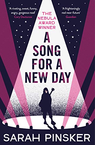 Book cover for A SONG FOR A NEW DAY: title above a girl with a guitar in spotlights