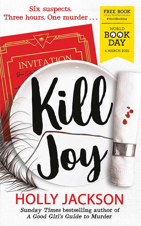 Book cover for KILL JOY: title in black on a broken plate next to a blood-splattered napkin