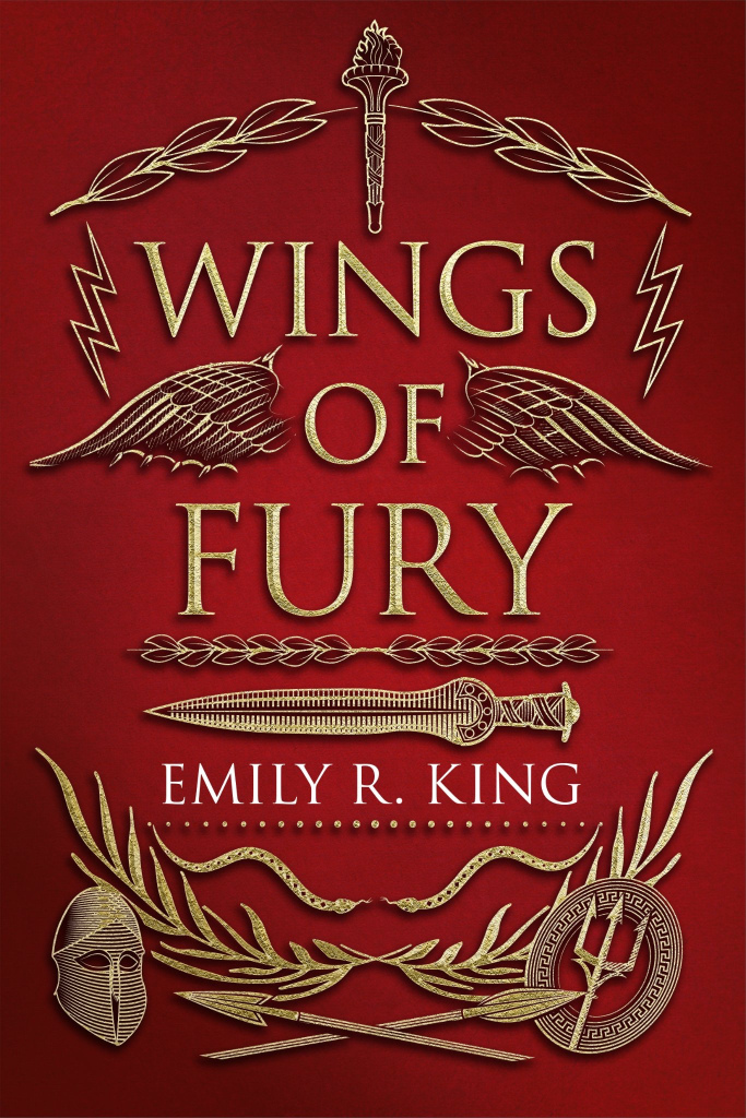 Book cover for WINGS OF FURY: title in gold with helmets, wings, laurels and weapons on red