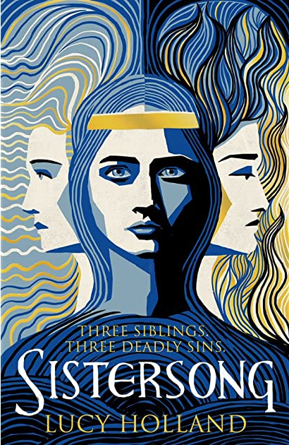 Book cover for SISTERSONG: title in white below blue line image of three female faces