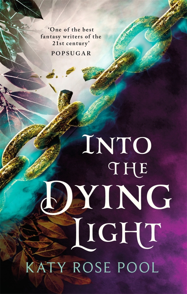 Book cover for INTO THE DYING LIGHT: title in white on purple below a green broken chain