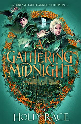 Book cover for A GATHERING MIDNIGHT: title in copper on green image of siblings in green armour above london