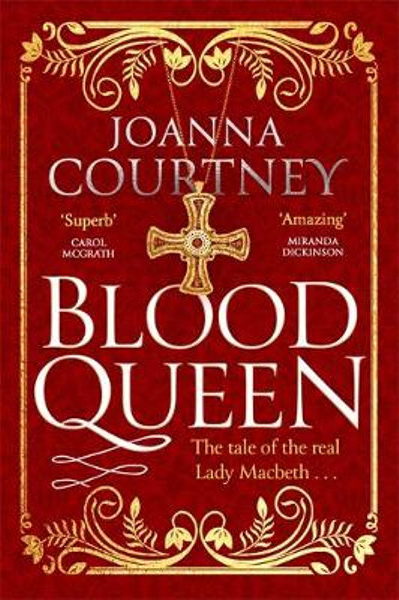 Book Cover for BLOOD QUEEN: title in white on red with gold swirling border and gold jewellery cross