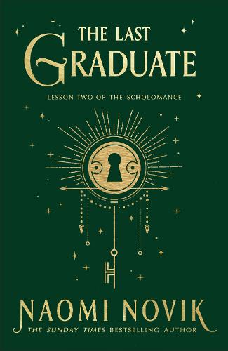 Book cover for THE LAST GRADUATE: title in gold on green above an elaborate keyhole