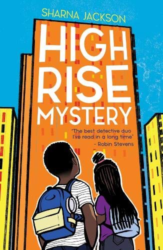 Book cover for HIGH RISE MYSTERY: graphic of two Black kids looking up at orange building