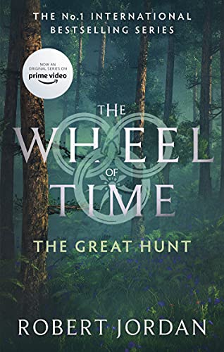 Book cover for THE GREAT HUNT: title below the wheel of time logo on a dark forest