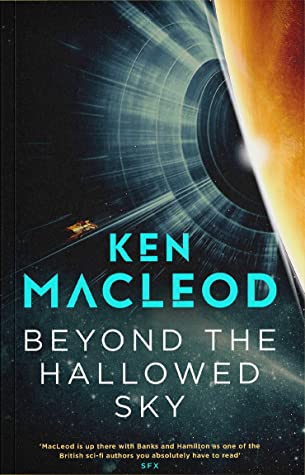 Book cover for BEYOND THE HALLOWED SKY: title in white below a small ship zooming towards a wormhole