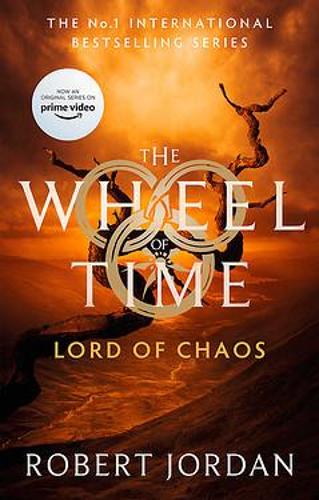 Book cover for LORD OF CHAOS: title on orange cover with a twisted, bare tree limb behind wheel of time logo