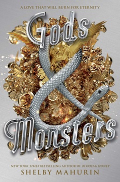 Book cover for GODS AND MONSTERS: title in silver on gold details on silver background
