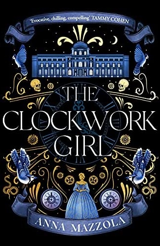 Book cover for THE CLOCKWORK GIRL: title in white on black with blue and gold symbols around it