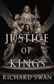Book cover for THE JUSTICE OF KINGS: title in white on man sitting on white carved stone on black