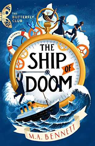Book cover for THE SHIP OF DOOM: title in clockface with blue around it with children running, cogs, and a boat on the sea around the clock