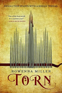 Book cover for TORN: title in red on yellow below crown od needles