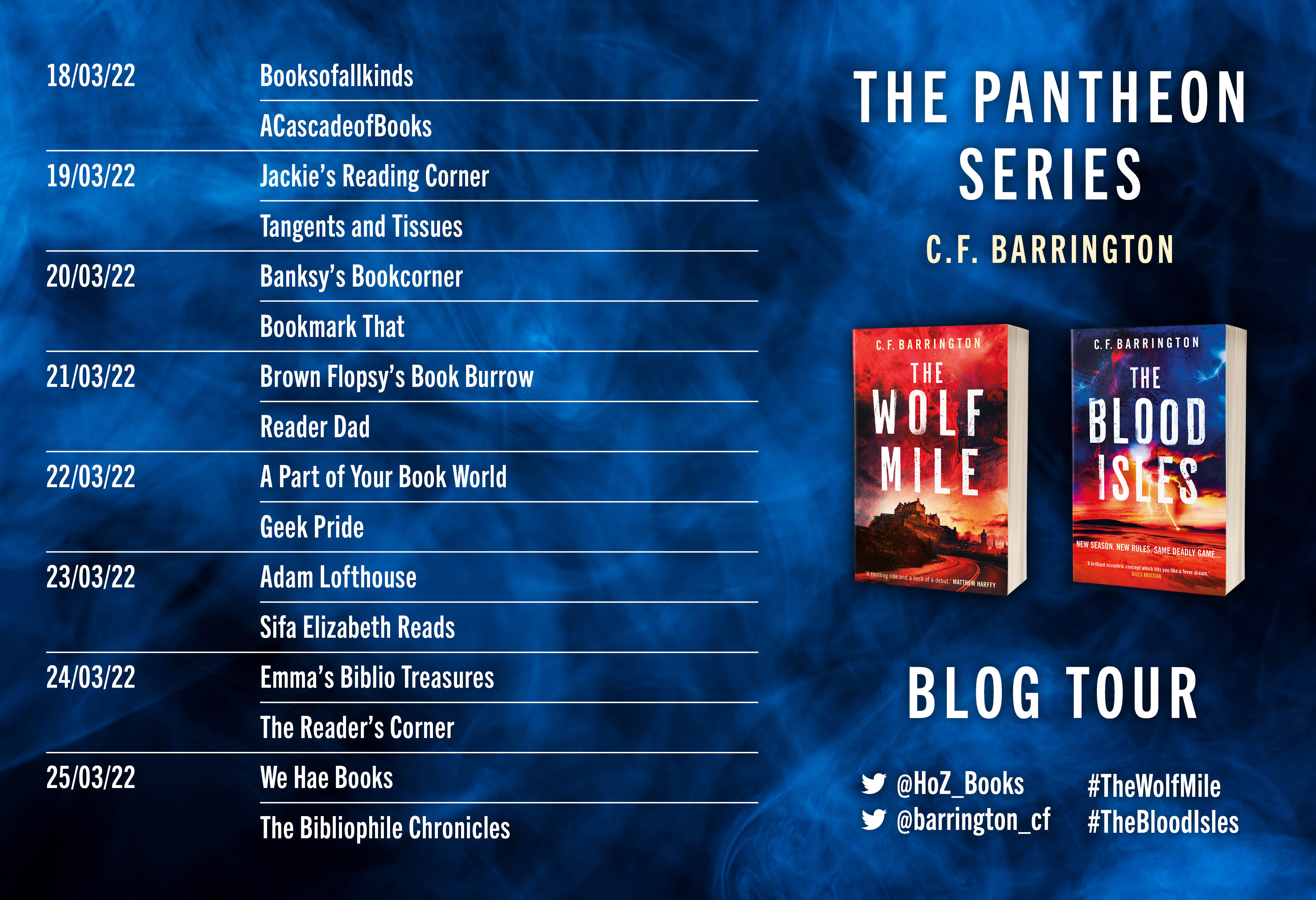 Blog tour graphic: names of participating bloggers on blue smoke next to image of two books