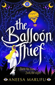Book cover for THE BALLOON THIEF: title in white on blue with image of a hijabi-wearing girl