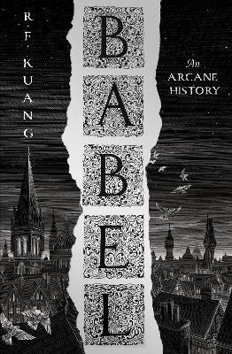 Book cover for BABEL: title in black on woodcut of Oxford split down middle