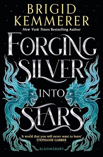 Book cover for FORGING SILVER INTO STARS: title in silver on black with blue lion-headed swirls