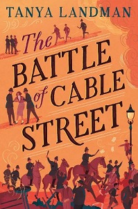 Book cover for THE BATTLE OF CABLE STREET: title in black on peach above horses and people fighting