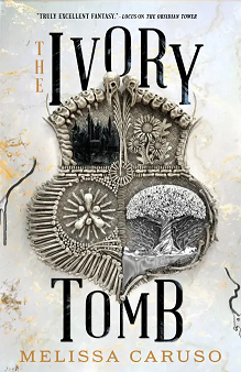 Book cover for THE IVORY TOMB: title in black on white around a heraldic shield made of bones