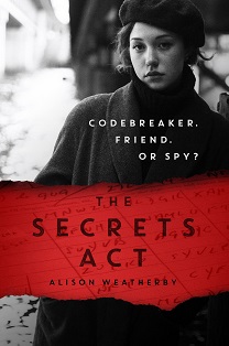 Book cover for THE SECRETS ACT: title in black on red bar over black and white photo of a girl in a beret