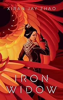 Book cover for IRON WIDOW: title in white below a girl surrounded by the red wings of a bird
