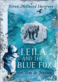 Book cover for LEILA AND THE BLUE FOX: title in white on blue beneath a
