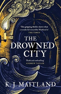 Book cover for THE DROWNED CITY a line-drawing esque graphic of a columned passage with waves in it