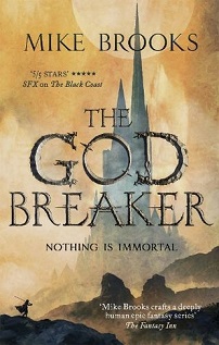 Book cover for THE GOODBREAKER: title in grey on blue tower rising in yellow sky