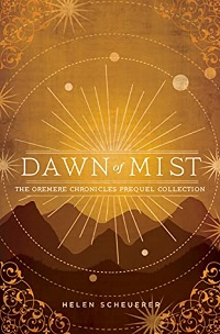 Book cover for DAWN OF MIST: title in white on gold mountains with sunburst and circles around