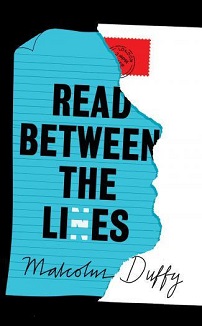 Book cover for READ BETWEEN THE LINES: title in black on blue lined paper coming out of envelope with face-like edge