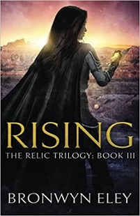 Book cover for RISING: title in yellow on girl facing sunset