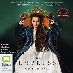 Cover for THE EMPRESS: title in black on white dress of a woman on a throne on green