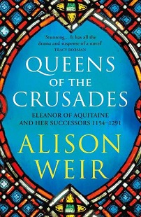 Book cover for QUEENS OF THE CRUSADES: title in white on blue surrounded by a geometric stained claiss window