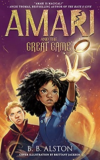 Book cover for AMARI AND THE GREAT GAME: title in gold above purpled and gold image of a girl in blue overalls reaching for a ring