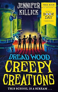 Book cover for CREEPY CREATIONS: title in yellow below silhouettes of five kids surrounded by green tanks