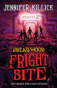 Book cover for FRIGHT BITE: title in red on pink image of five silhouettes in front of a door